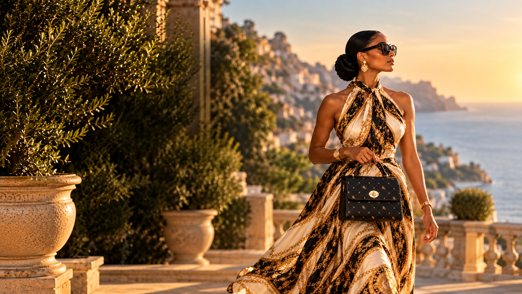 Woman in Maison BossLady silk gazing over golden mountains at dawn