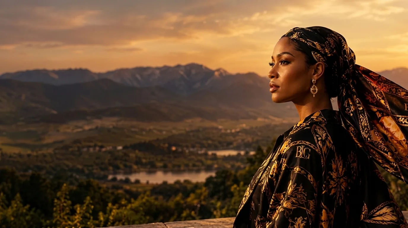 Woman in Maison BossLady silk gazing over golden mountains at dawn