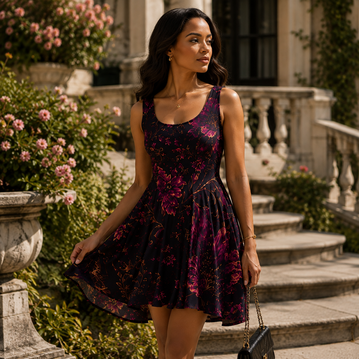 Dark Burgundy Floral Skater Dress | All-Over Print