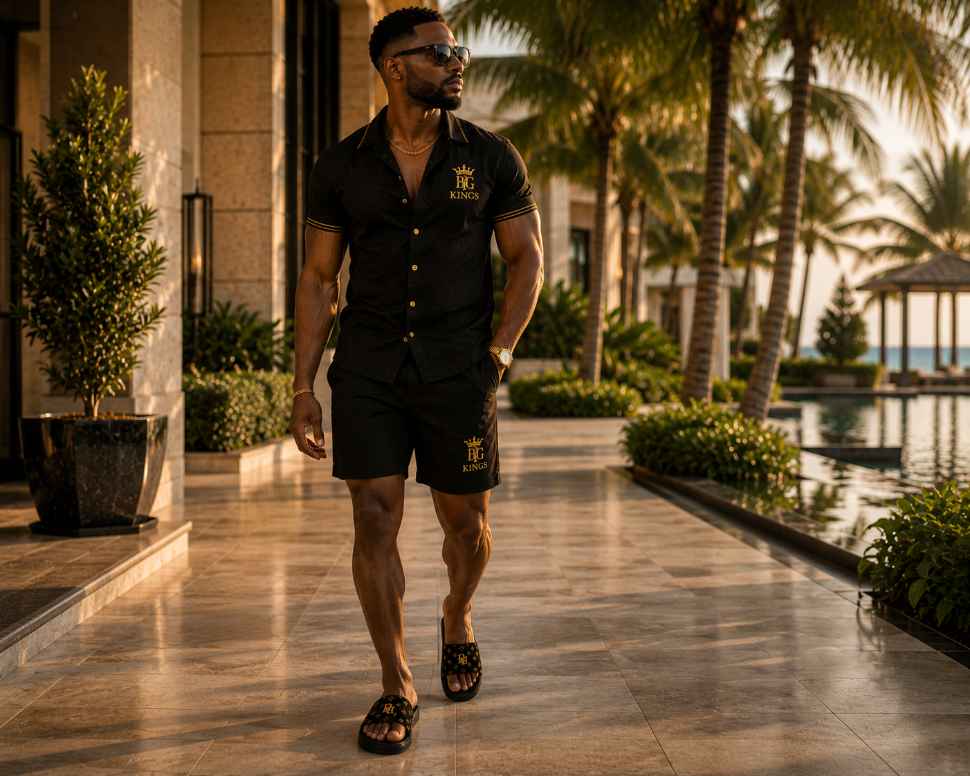 Noir BLG Gold Monogram  | Black Luxury  Slides – Movement & Silhouette