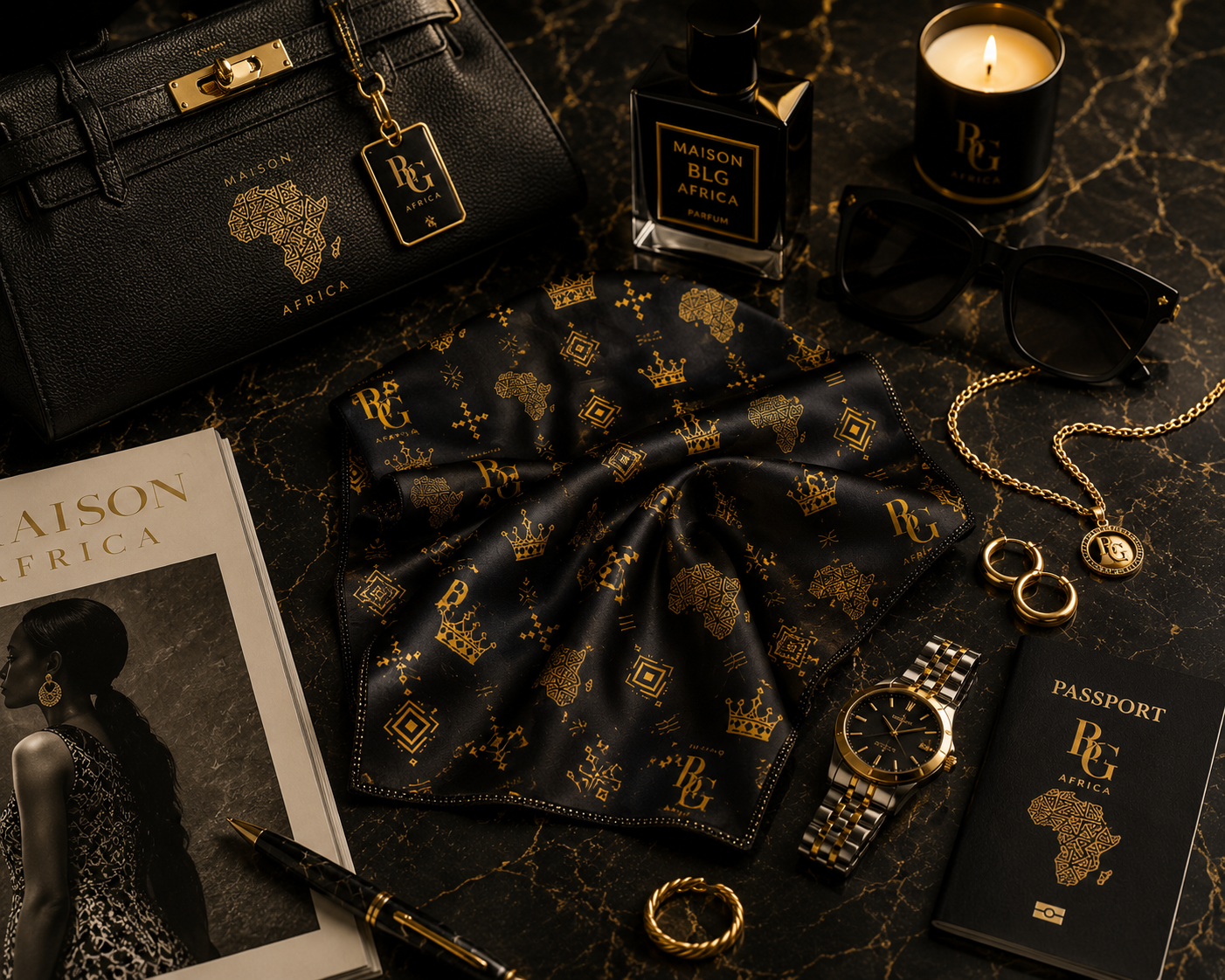 Maison BLG Africa Signature Silk Scarf | Black & Gold | 25" × 25" – Editorial Lifestyle