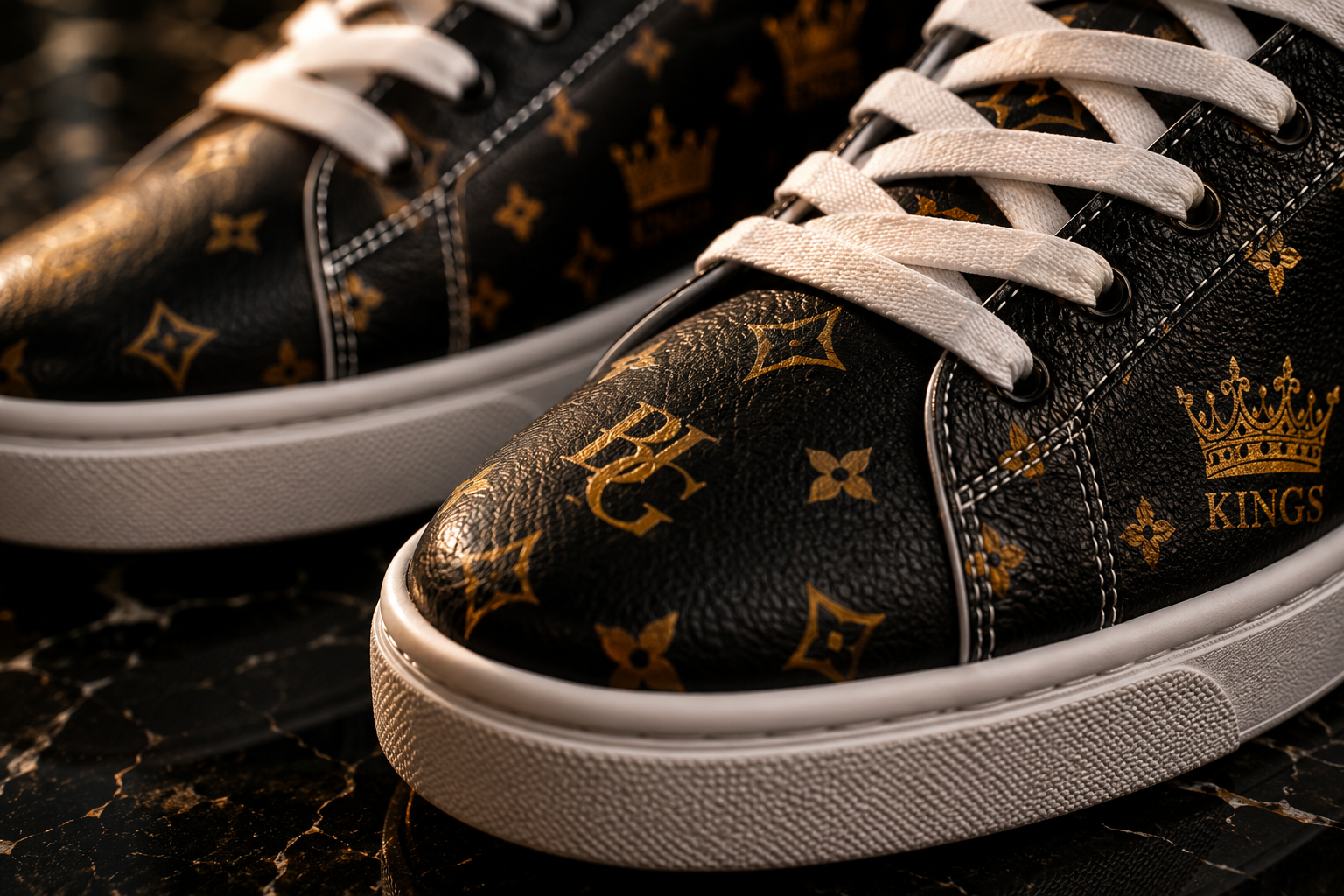 Blanc Noir Royal Monogram Crown Pattern Leather Sneakers | Kings Signature  – Craftsmanship Detail