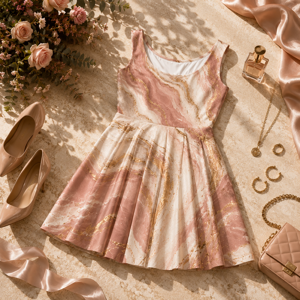 Rose Gold Marble Skater Dress | All-Over Print – Editorial Lifestyle
