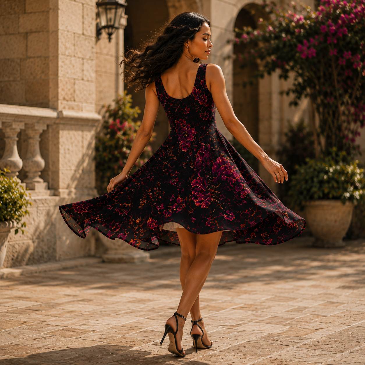 Dark Burgundy Floral Skater Dress | All-Over Print – Movement & Silhouette