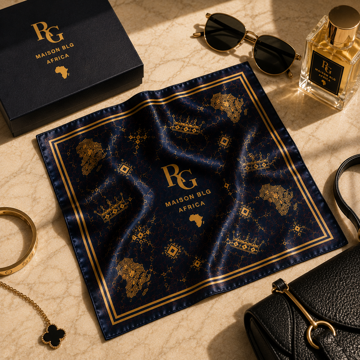 Maison BLG Africa Signature Silk Scarf | Navy & Gold(25" × 25")  – Editorial Lifestyle