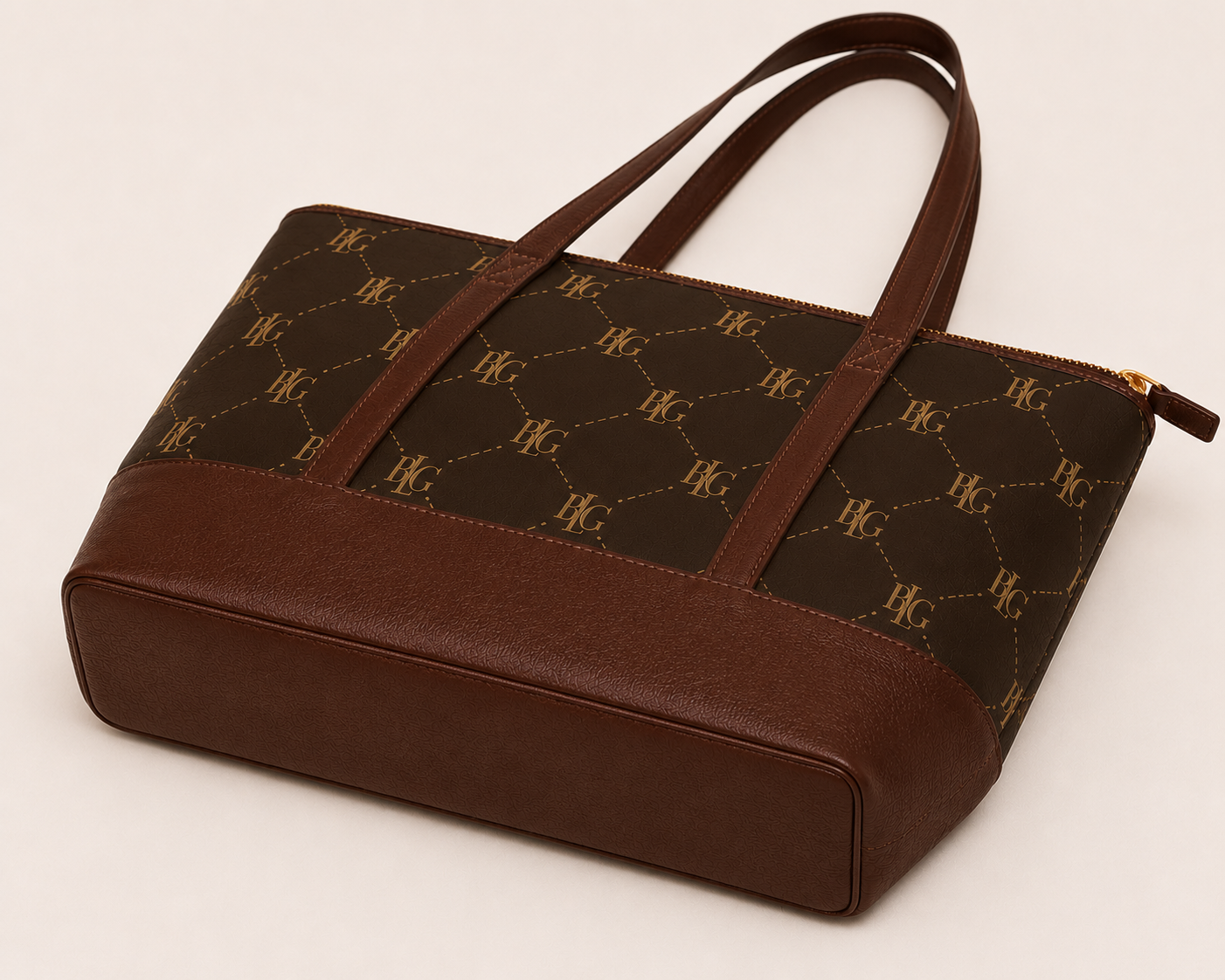 Monogram Pattern Handbag | Brown Leather Trim Tote – Product Image