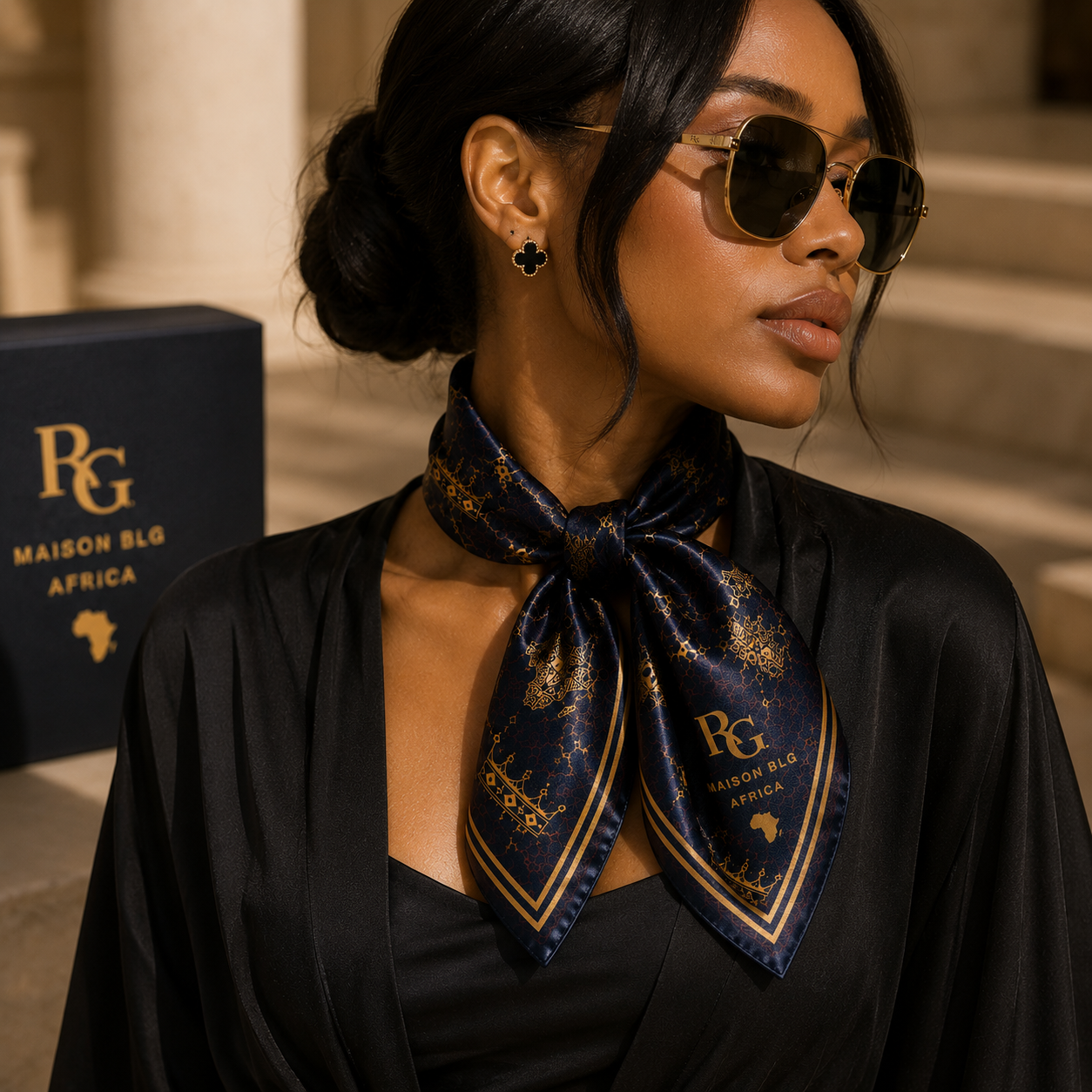 Maison BLG Africa Signature Silk Scarf | Navy & Gold(25" × 25")  – Front View