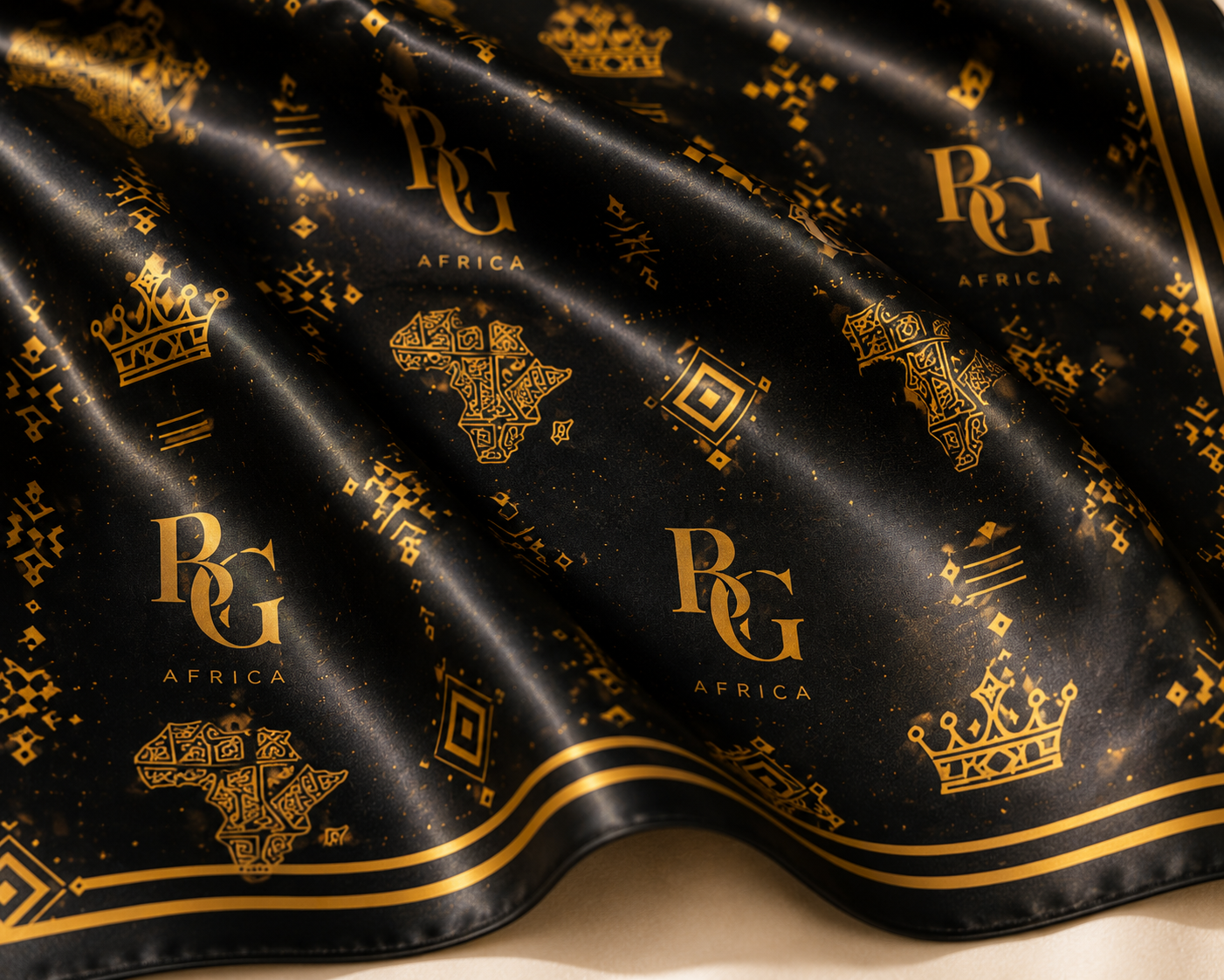 Maison BLG Africa Signature Silk Scarf | Black & Gold | 50" × 50" – Front View