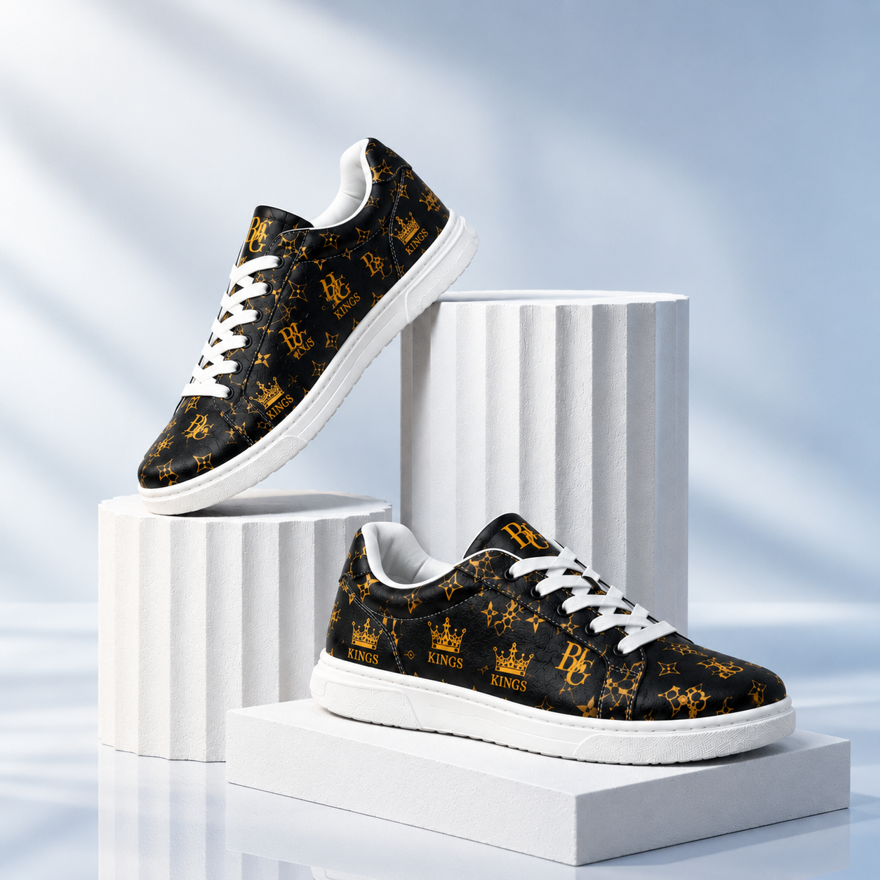 Blanc Noir Royal Monogram Crown Pattern Leather Sneakers | Kings Signature