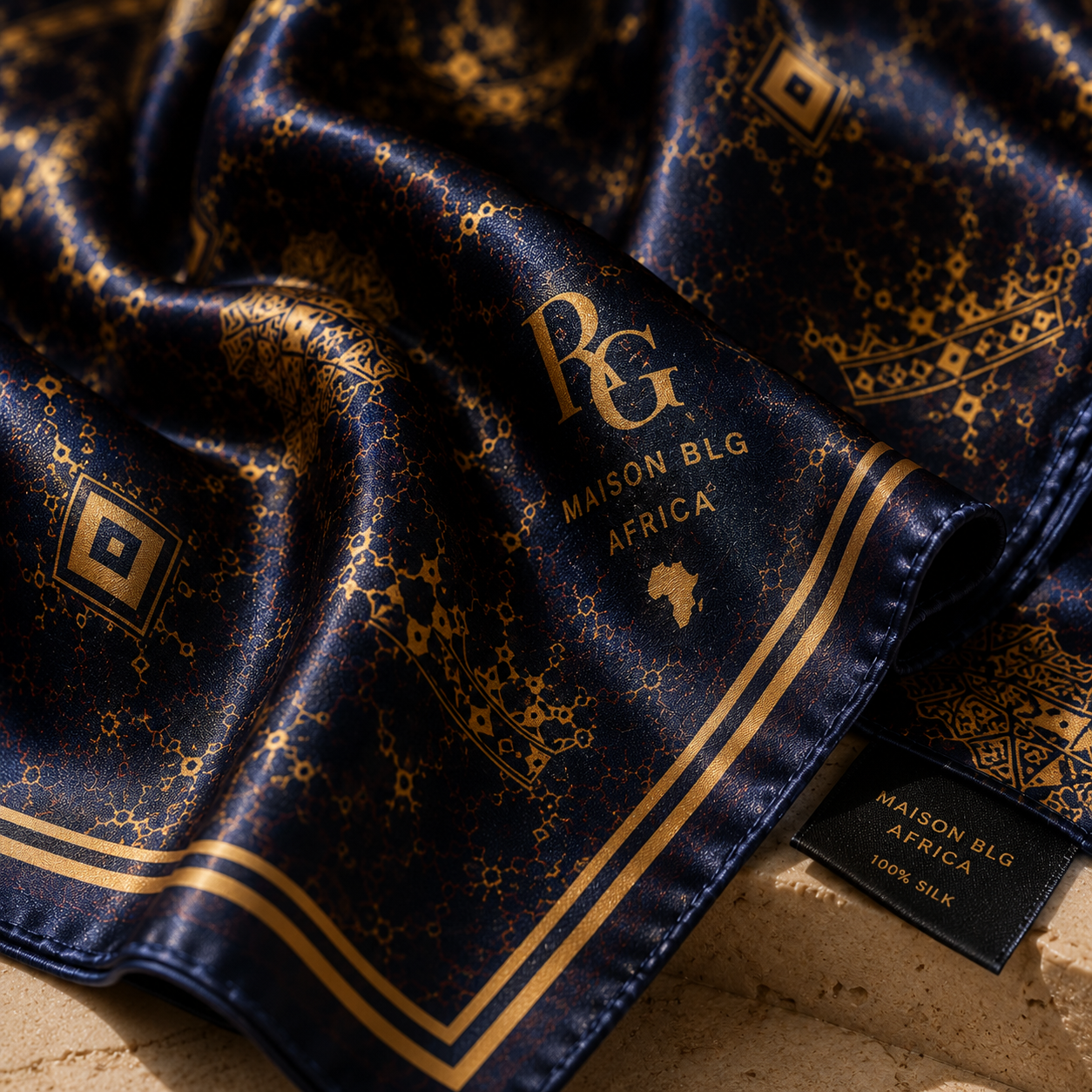 Maison BLG Africa Signature Silk Scarf | Navy & Gold(50" × 50") – Front View