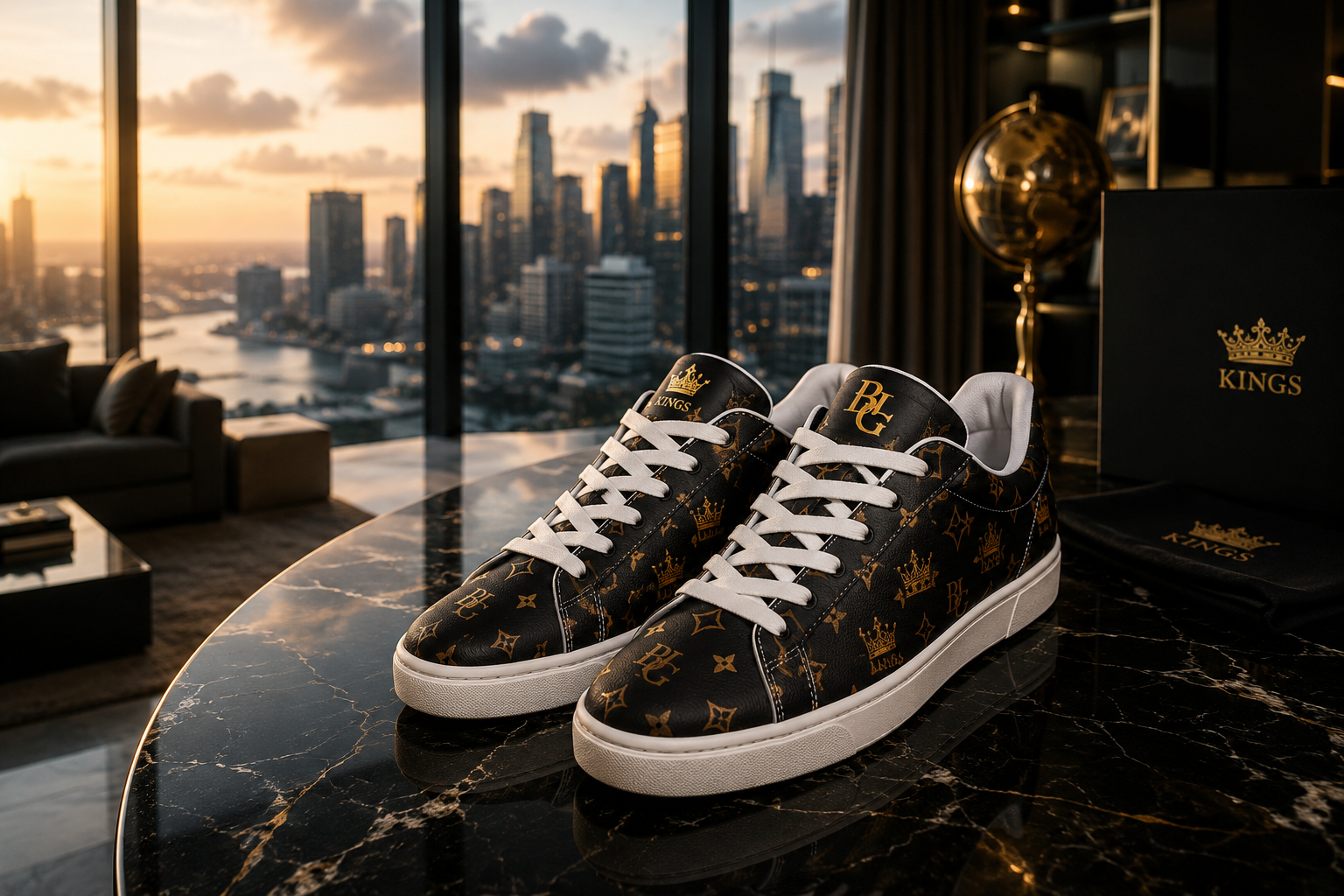 Blanc Noir Royal Monogram Crown Pattern Leather Sneakers | Kings Signature 