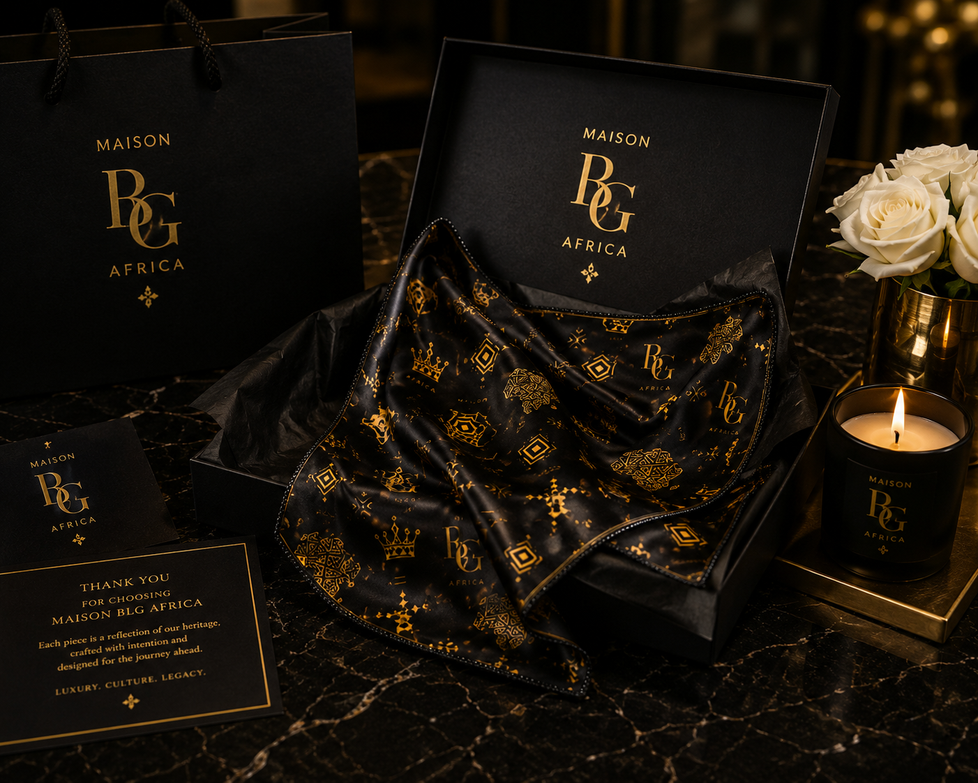 Maison BLG Africa Signature Silk Scarf | Black & Gold | 25" × 25" – Front View
