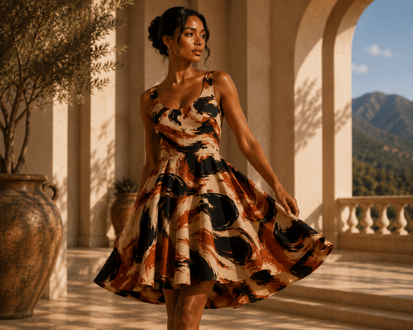 Rust Brushstroke  Dress | Painterly Rust Black Dress 