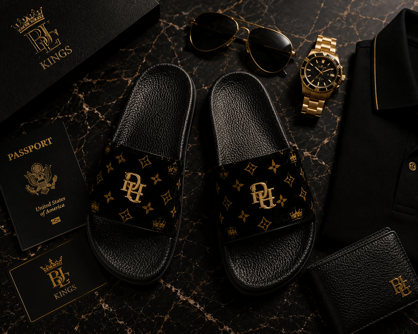 Noir BLG Gold Monogram  | Black Luxury  Slides – Craftsmanship Detail