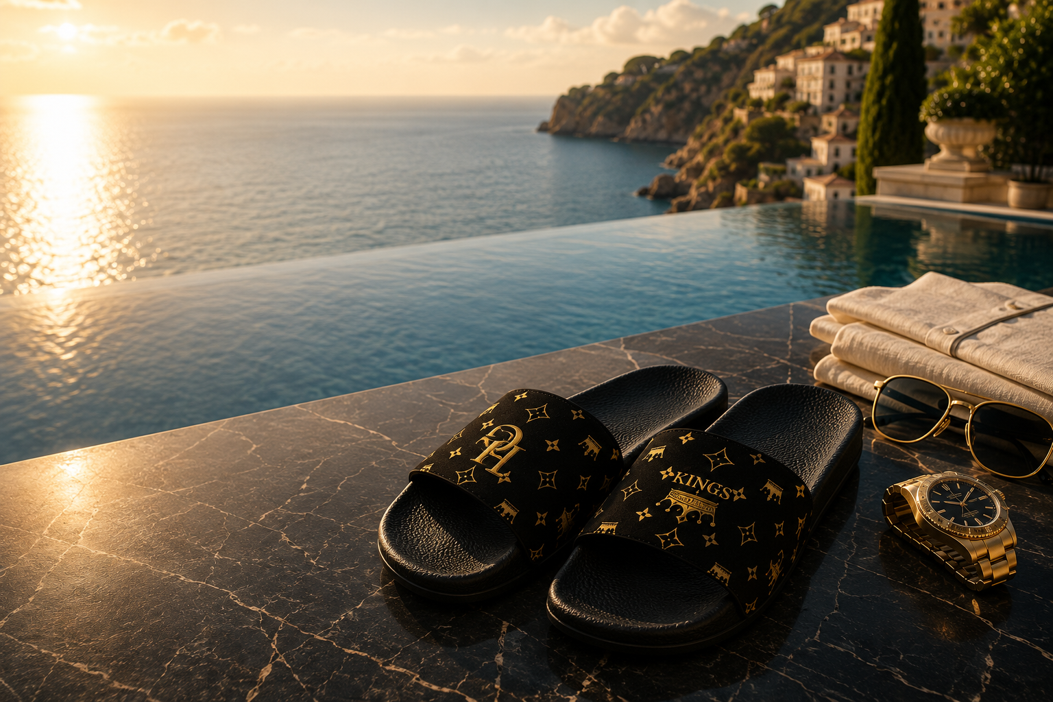 Noir Royal Kings signature Gold Monogram Pattern Men's Slide| Black Luxe 
