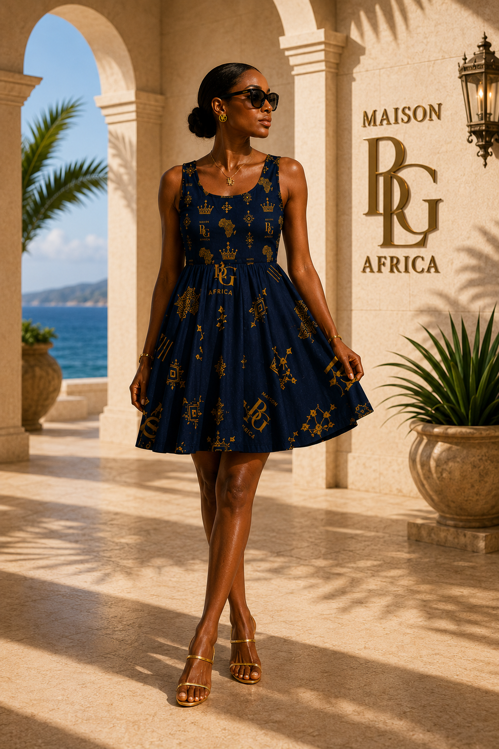 Maison BLG Africa Resort Dress | Navy & Gold – Product Image