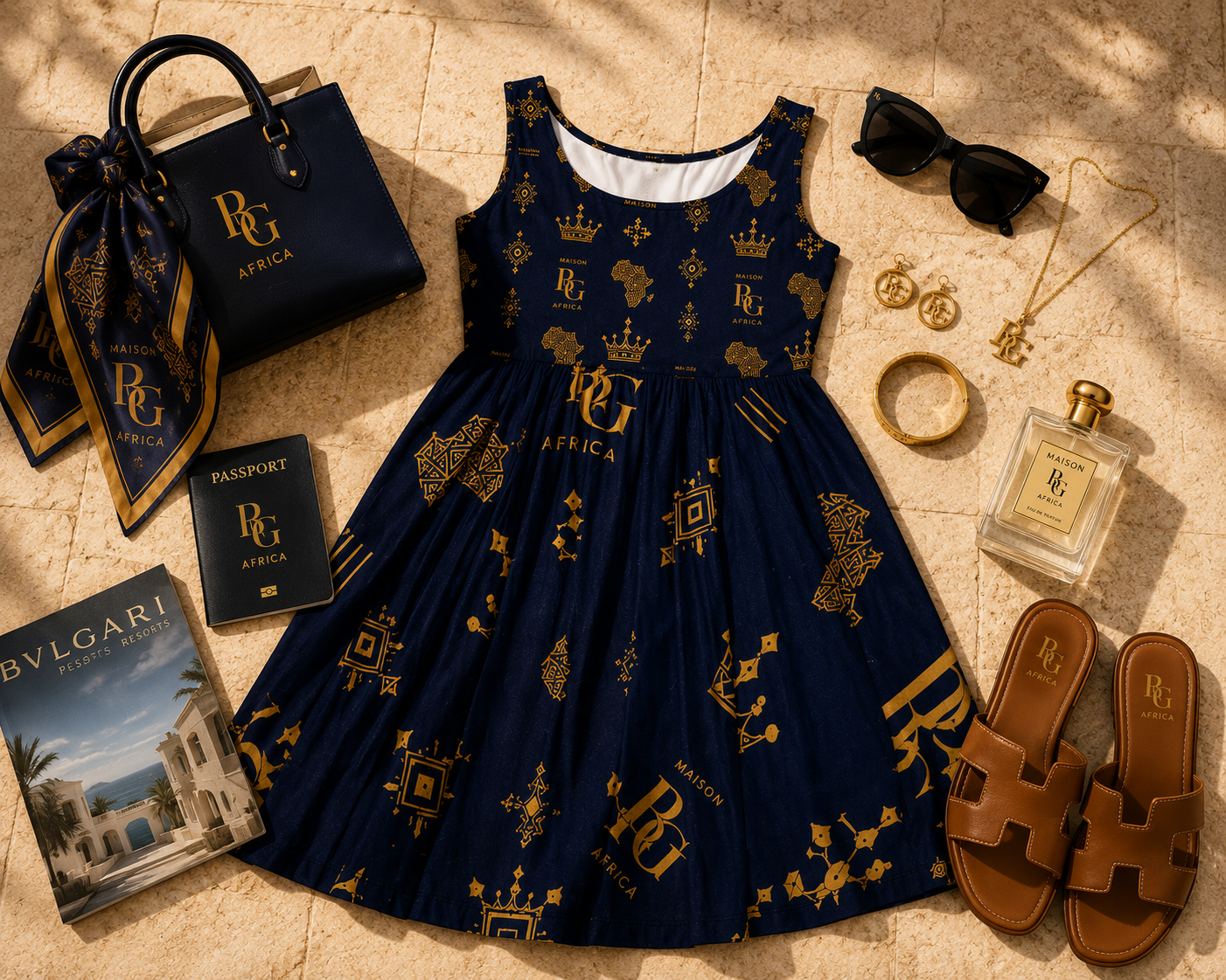 Maison BLG Africa Resort Dress | Navy & Gold