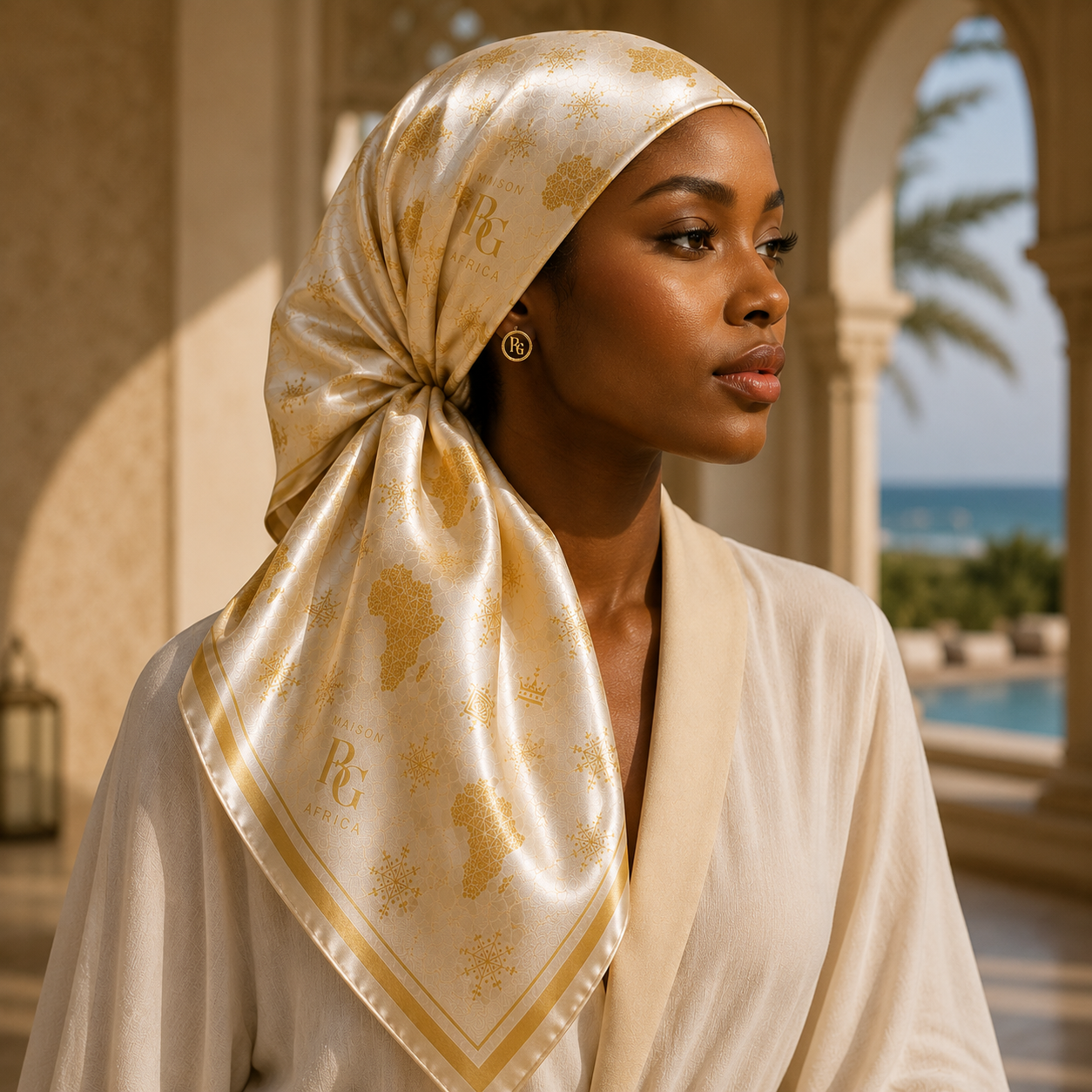 Maison BLG Africa Signature Silk Scarf | Ivory & Gold(50" × 50") – Front View