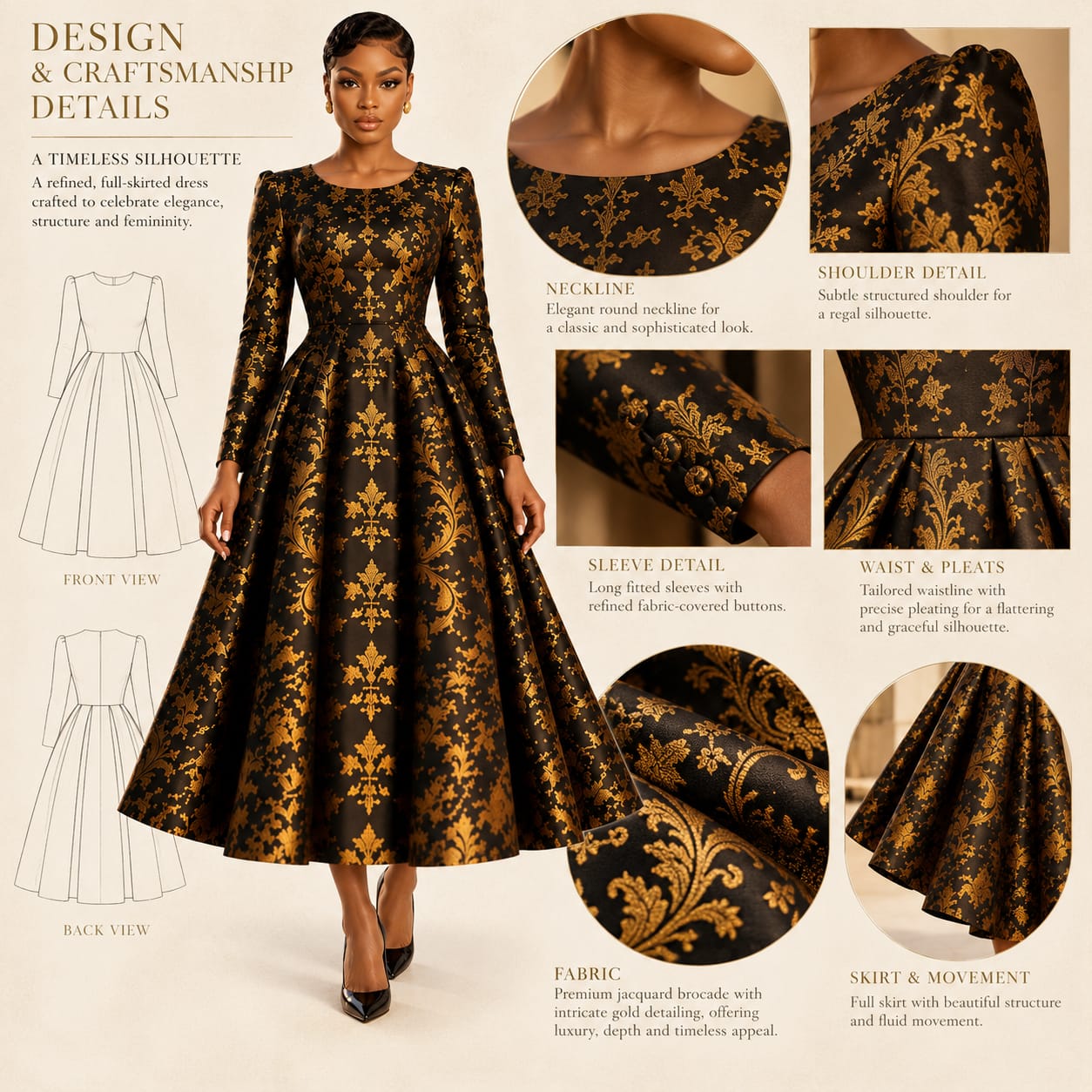Le Jardin Royale Noir l Black & Gold Jacquard Dress – Movement & Silhouette