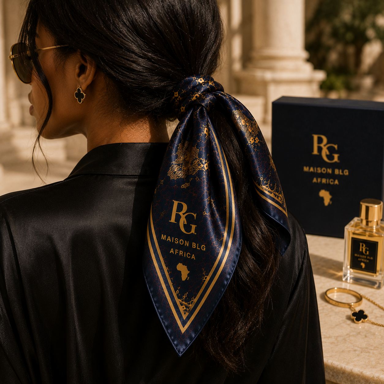 Maison BLG Africa Signature Silk Scarf | Navy & Gold(25" × 25")  – Craftsmanship Detail