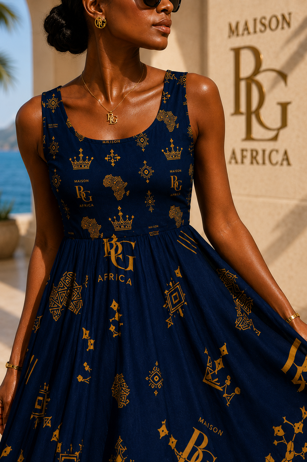 Maison BLG Africa Resort Dress | Navy & Gold – Movement & Silhouette
