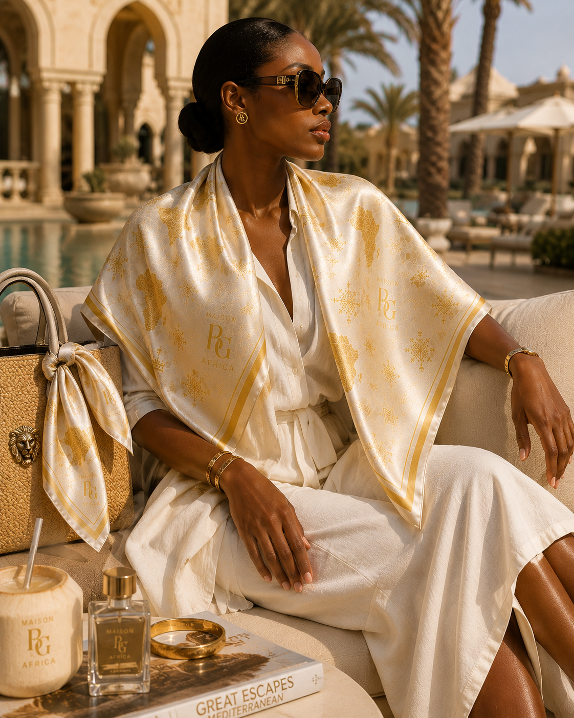 Maison BLG Africa Signature Silk Scarf | Ivory & Gold(50" × 50") – Craftsmanship Detail