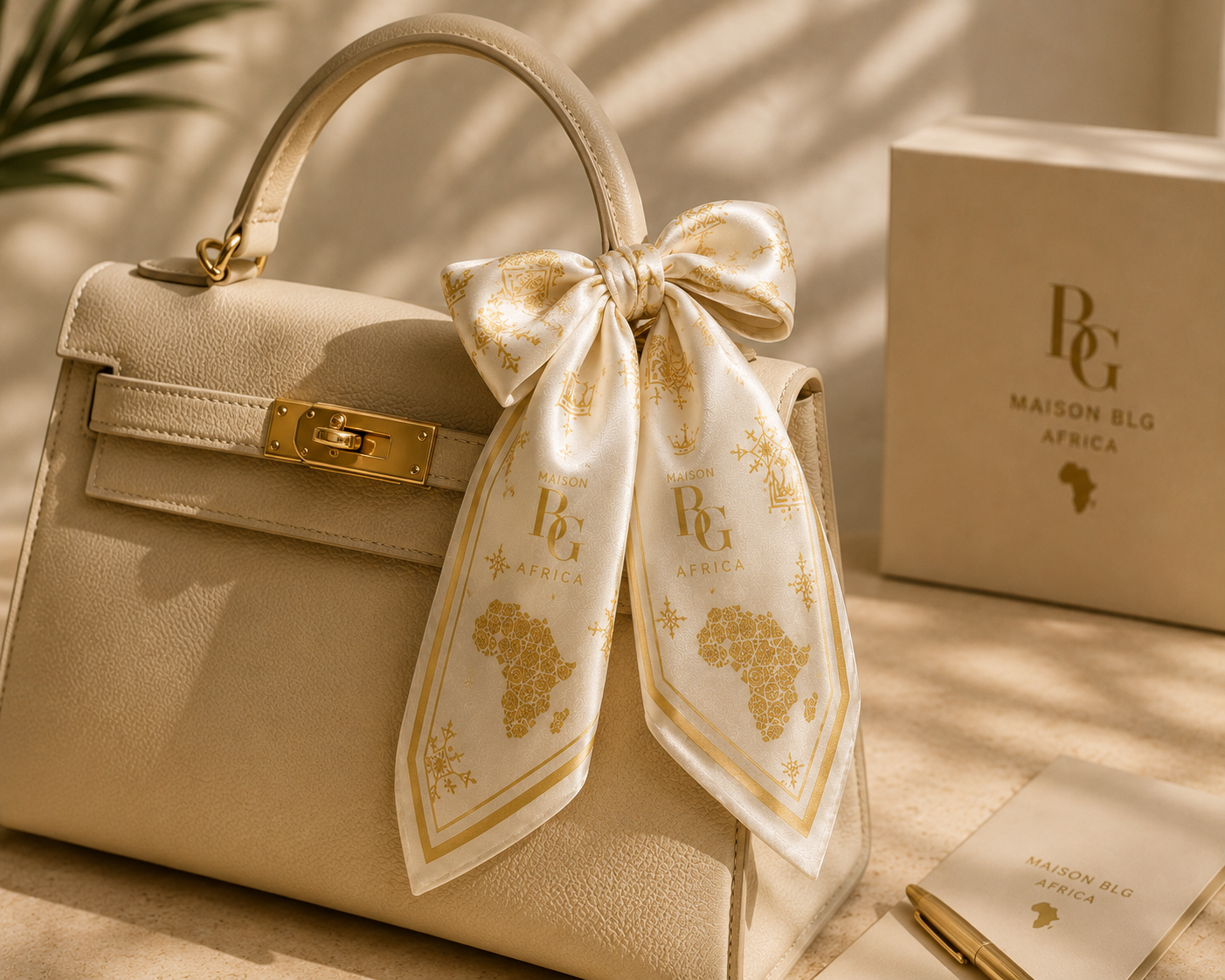 Maison BLG Africa Signature Silk Scarf | Ivory & Gold(25" × 25") – Movement & Silhouette