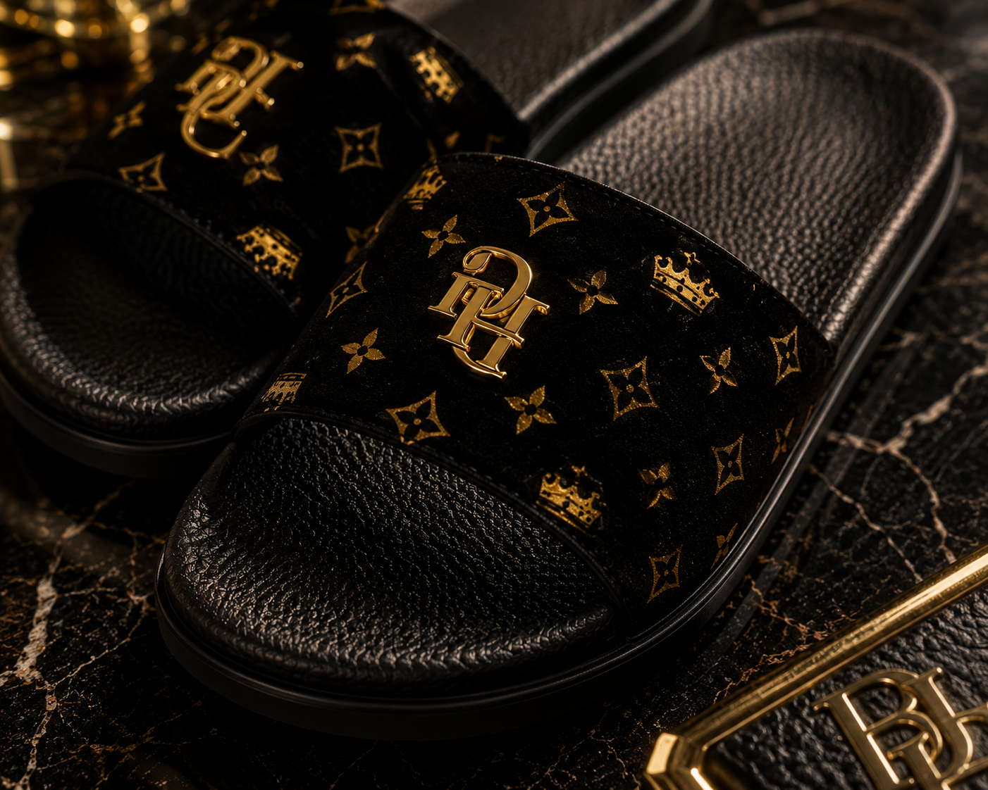 Noir BLG Gold Monogram  | Black Luxury  Slides – Editorial Lifestyle