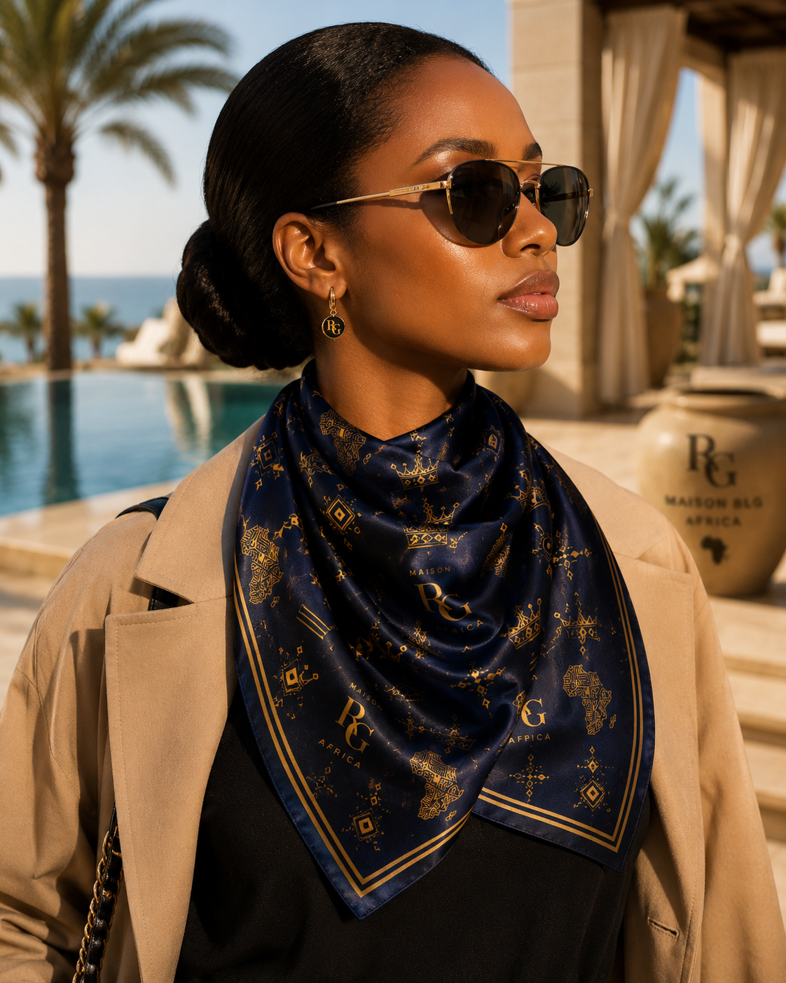 Maison BLG Africa Signature Silk Scarf | Navy & Gold(25" × 25")  – Movement & Silhouette