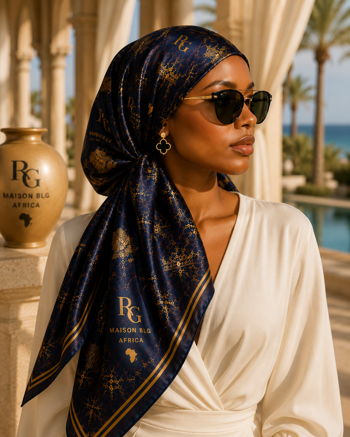 Maison BLG Africa Signature Silk Scarf | Navy & Gold(50" × 50") – Craftsmanship Detail