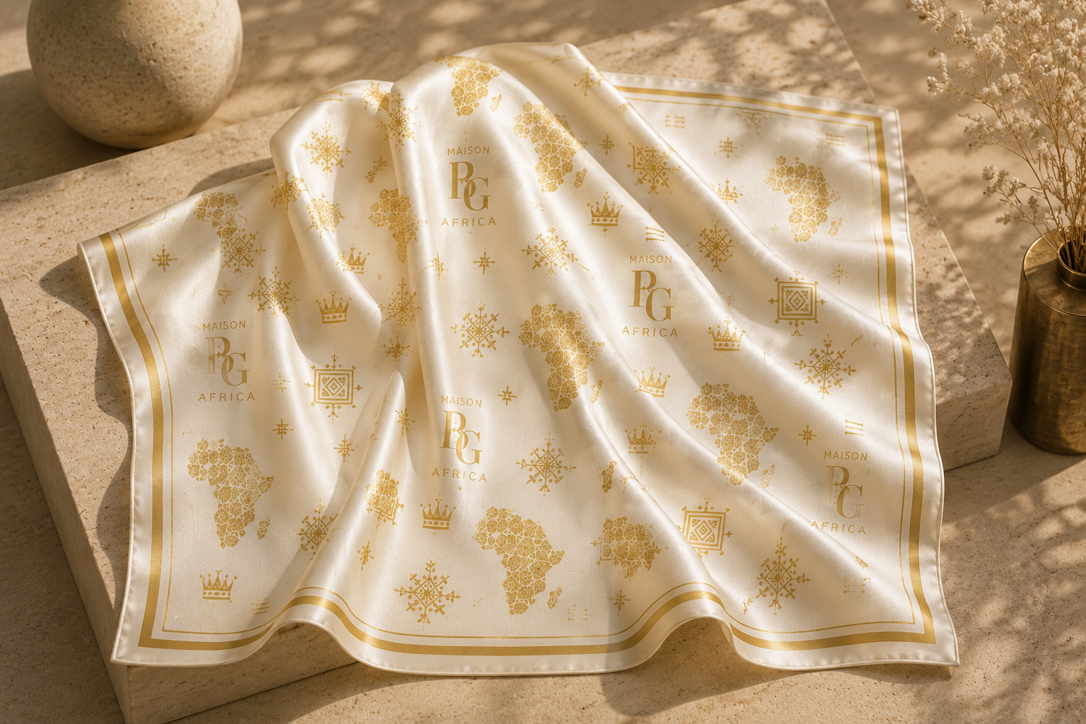 Maison BLG Africa Signature Silk Scarf | Ivory & Gold(50" × 50")