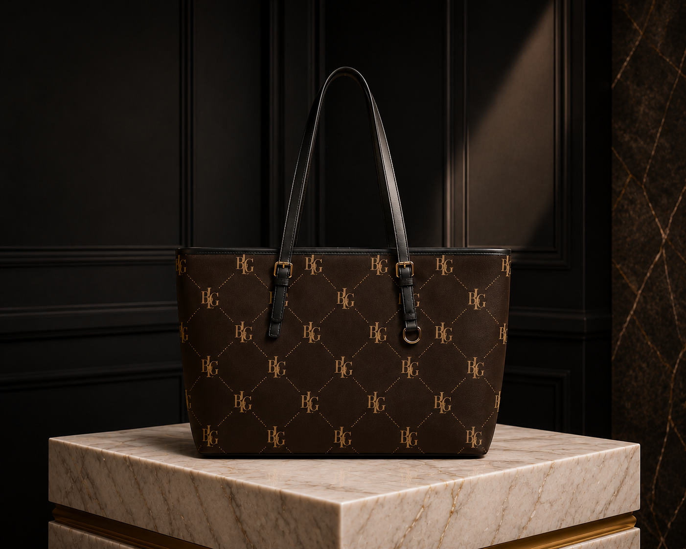 Monogram Pattern PU Leather Shoulder Bag | Brown Logo Tote
