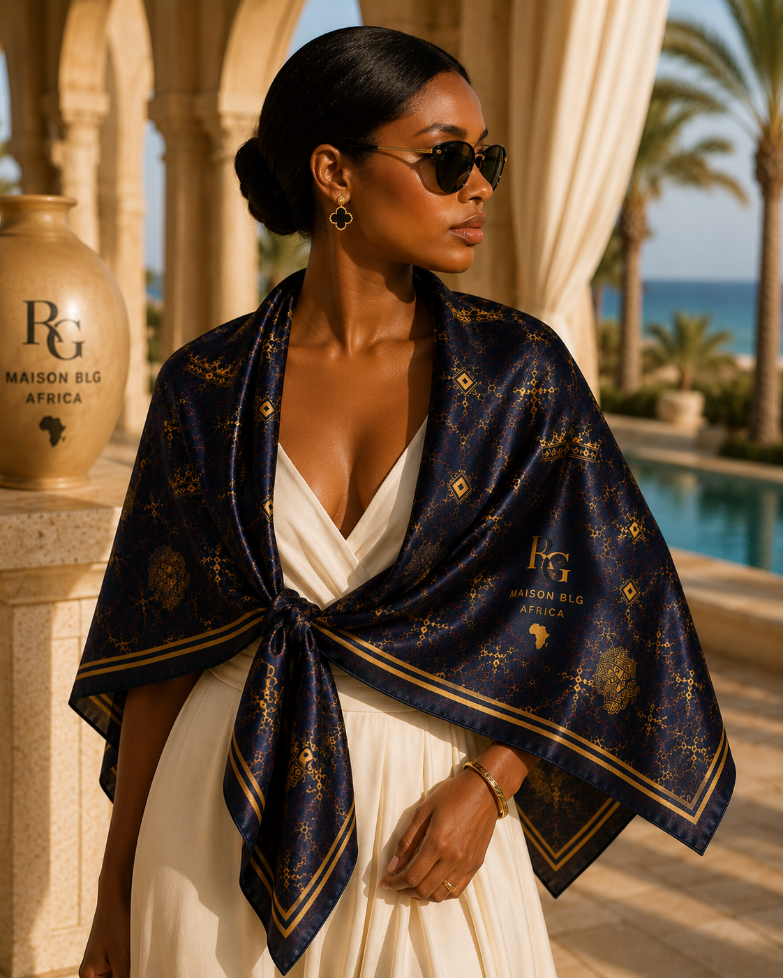 Maison BLG Africa Signature Silk Scarf | Navy & Gold(50" × 50") – Editorial Lifestyle
