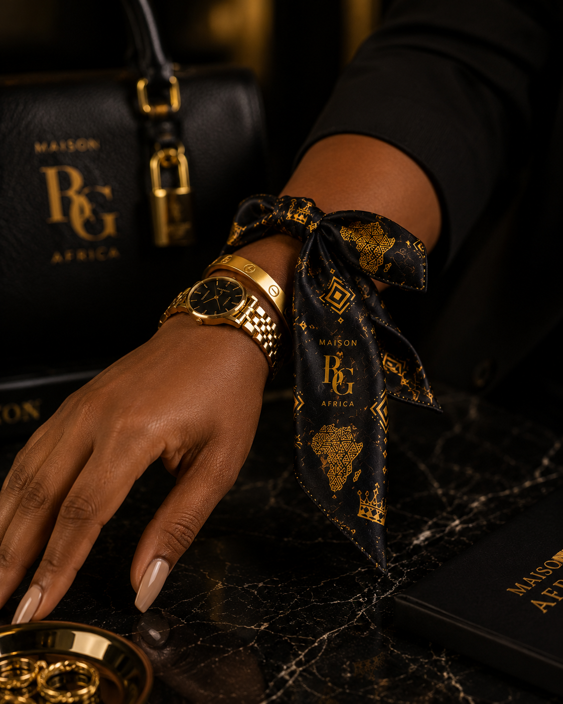 Maison BLG Africa Signature Silk Scarf | Black & Gold | 25" × 25" – Movement & Silhouette